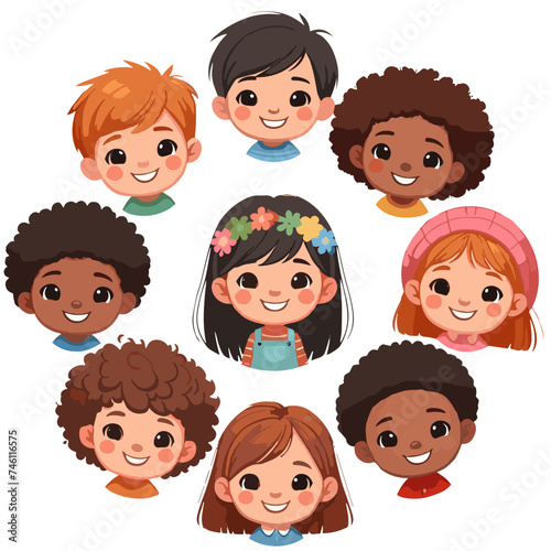 Vector image, Peace and Friendship: Circle of Joy with Diverse Smiles of Children of Different Nationalities. The embodiment of Unity and Happiness in a Multinational Association