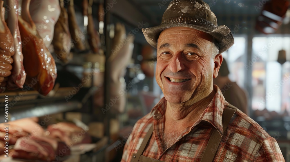 a butcher shop with a close-up photo of a middle-aged male butcher of Caucasian European American ethnicity, smiling as he showcases his expertise and passion for his craft.