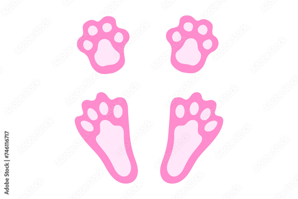 Funny pink rabbit or hare paw footprints. Cute paw prints of Easter Bunny. Cartoon cat paw prints in pink. Isolated on white backdrop. Concept of animal tracks. Icon, symbol, print, postcard, pet stor Funny pink rabbit or hare paw footprints. Cute paw prints of Easter Bunny. Cartoon cat paw prints in pink. Isolated on white backdrop. Concept of animal tracks. Icon, symbol, print, postcard, pet stor