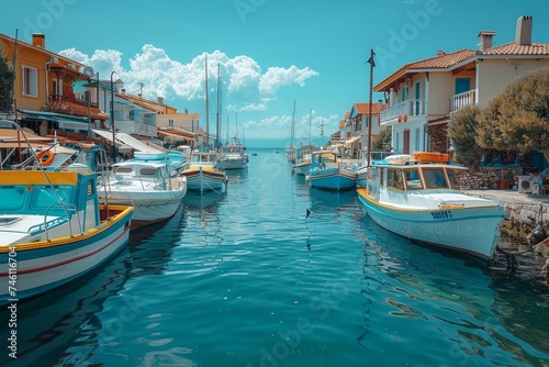 A vibrant marina with various boats moored in calm waters, flanked by brightly colored houses under a clear sky
