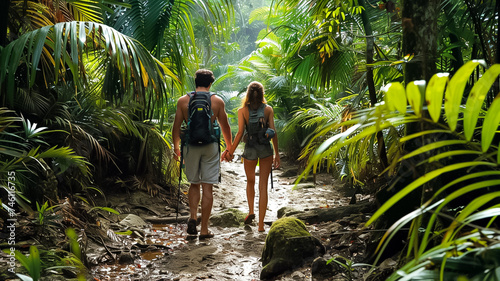 A couple hiking through a lush rainforest surrounded (7) photo