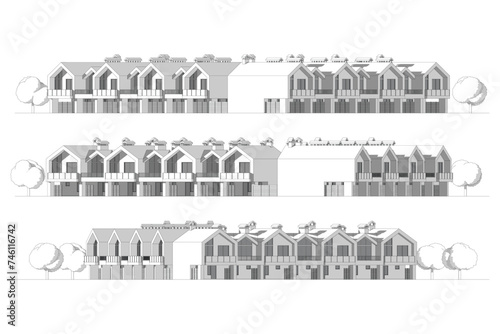 Architectural two story townhouse blueprints and drawings. Vector illustration