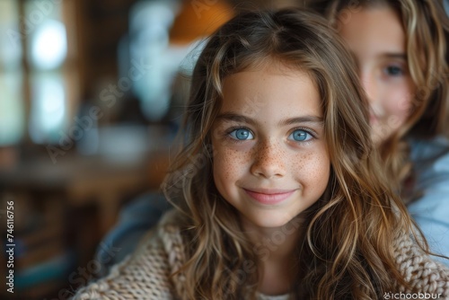 An appealing image of a young smiling girl with freckles, long hair, and captivating eyes
