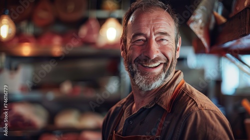 a butcher shop with a close-up photo of a middle-aged male butcher of Caucasian European American ethnicity, smiling as he showcases his expertise and passion for his craft. © lililia