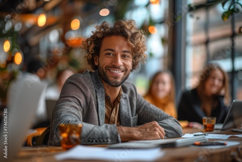 Charismatic young man with curly hair smiles at the camera while sitting in a vibrant cafe environment