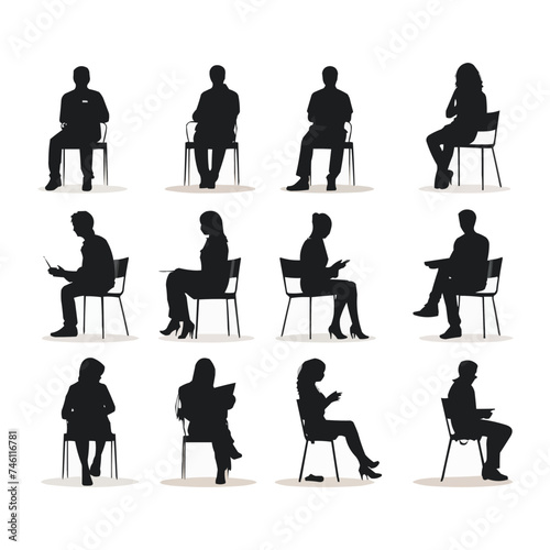 Vector set of detailed people sitting silhouettes isolated on white background