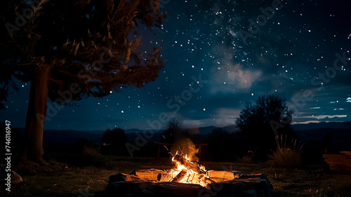 A crackling bonfire in a backyard fire pit roasting