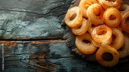 Fried onion rings exude an irresistible aroma of flavor and crunch on a wooden table. Golden and caramelized earrings in an appetizing sight. photo