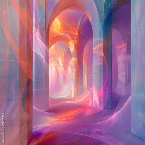 Create an abstract piece that symbolizes the sanctuary of the mind one might find through the meditative aspects of cardio exercises within the sacred space of a church Use soft, ethereal shapes to photo