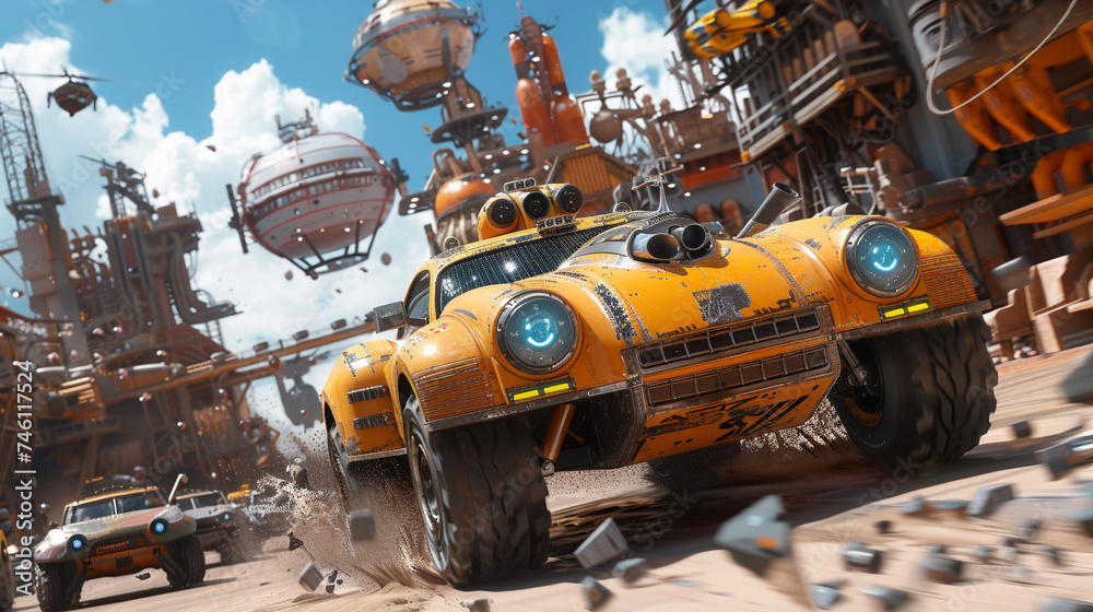 In a world where airships dominate the skies, an action-packed race unfolds, with playful trucks equipped with jet engines navigating through floating obstacles and docking bays In a world where airships dominate the skies, an action-packed race unfolds, with playful trucks equipped with jet engines navigating through floating obstacles and docking bays