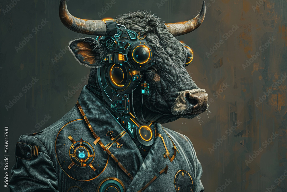 Step into the realm of cybernetic elegance with a portrait of a bull exuding confidence in its tailored suit, its cybernetic enhancements adding a futuristic edge to its commanding presence