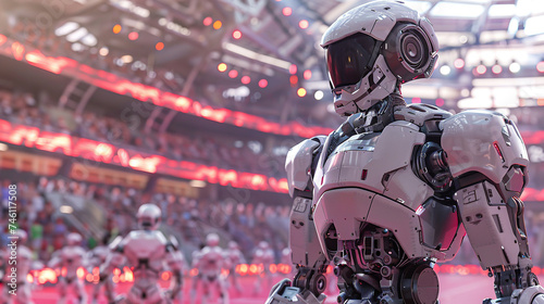 In a futuristic arena, gymnasts perform alongside combat robots, a spectacle of agility and strategy, all while KYC protocols ensure a safe and personalized spectator experience