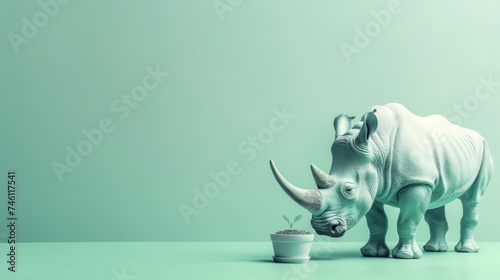 A sizable rhinoceros stands in contrast to a tiny plant pot, evoking themes of nature and nurture