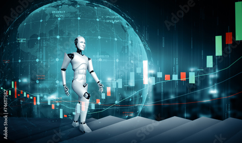 Fototapeta Naklejka Na Ścianę i Meble -  XAI 3d illustration Future financial technology controlled by AI robot using machine learning and artificial intelligence to analyze business data and give advice on investment and trading decision