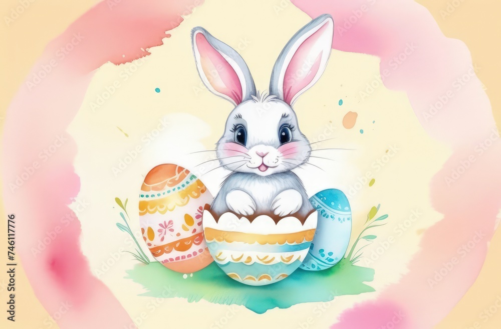 Easter banner with cute Easter bunny hatching from pastel color Easter egg on pastel color background. Illustration of Easter rabbit sitting in cracked eggshell. Happy Easter greeting card.Copy space. Easter banner with cute Easter bunny hatching from pastel color Easter egg on pastel color background. Illustration of Easter rabbit sitting in cracked eggshell. Happy Easter greeting card.Copy space.