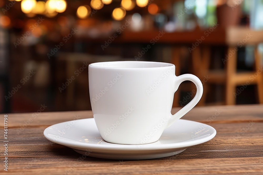 White ceramic cup with saucer on light brown wooden table
