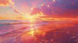 The painting depicts a vibrant sunset over the ocean, with the sun setting below the horizon and casting a warm glow over the calm waters