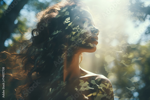 Double exposure of a sensual woman portrait and forest tree leaves on a sunny day in nature