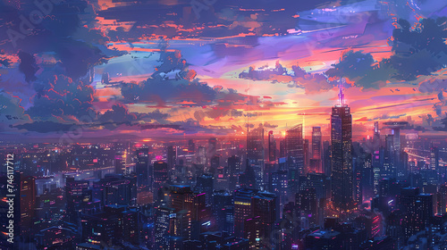 A painting depicting a cityscape at sunset  with tall buildings silhouetted against the colorful sky