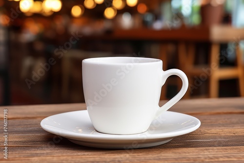 White ceramic cup with saucer on light brown wooden table