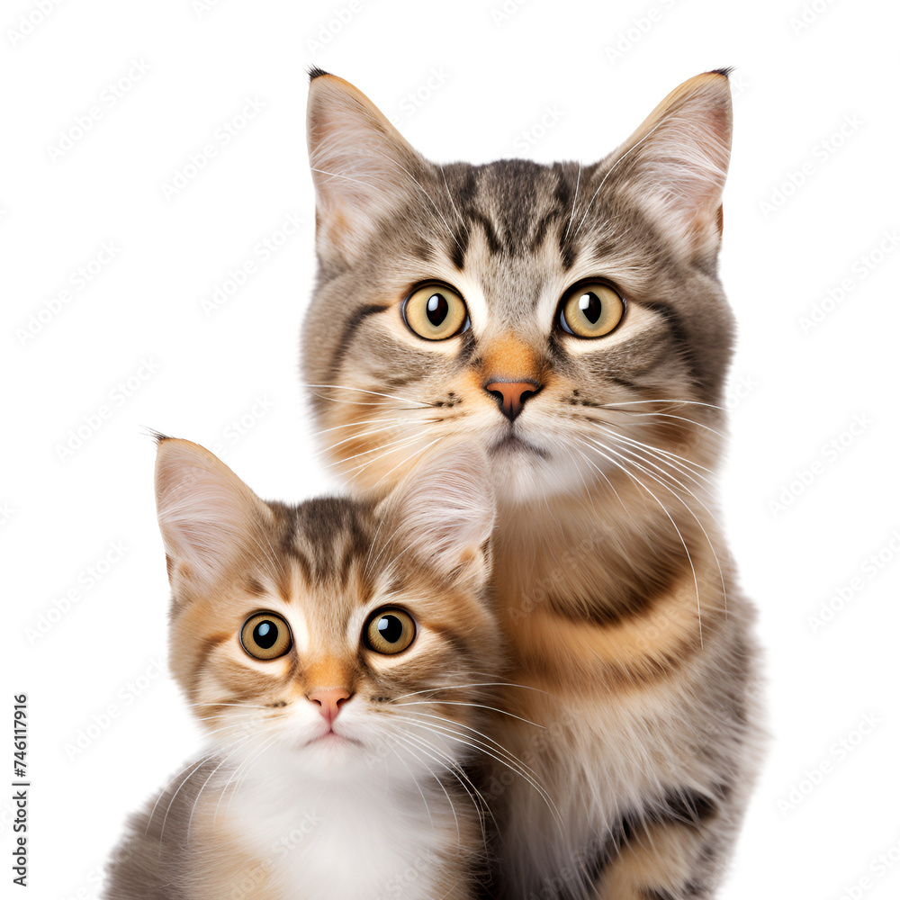 A close up portrait of a cute kitten and its adult cat, Isolated on Transparent Background, PNG