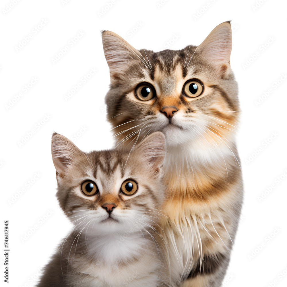 Close up of a cute adult cat and kitten portrait, Isolated on Transparent Background, PNG