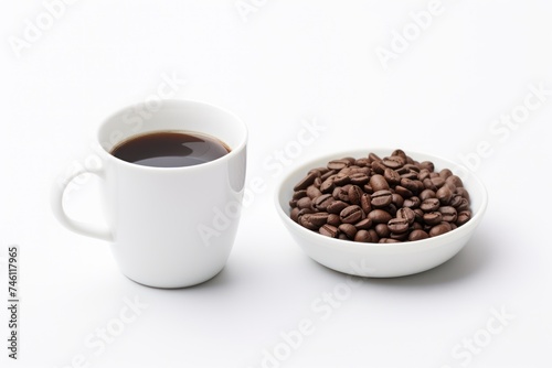 White cup filled with coffee beans next to white cup  white clear background