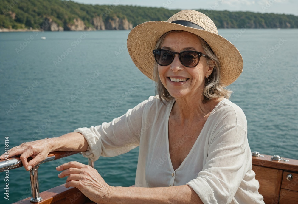 Radiant Senior Lady in Summer Hat Enjoying a Boat Ride