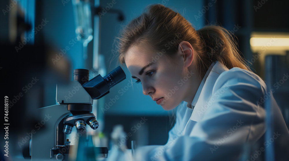 Dedicated Scientist Using Microscope in Laboratory Research Setting Dedicated Scientist Using Microscope in Laboratory Research Setting