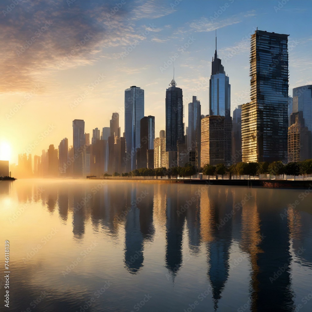 Fototapeta premium City scape image during sunset night, city, water, river, skyline, reflection, lights, cityscape, bridge, building, architecture, sky, sea, dusk, panorama, downtown