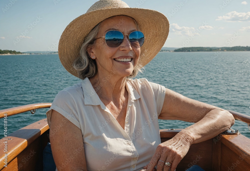 Senior Lady in Summer Hat Enjoying a Leisurely Boat Ride