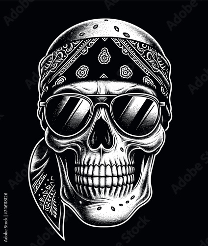 Stylized Skull with Bandana and Sunglasses in Dotwork Illustration