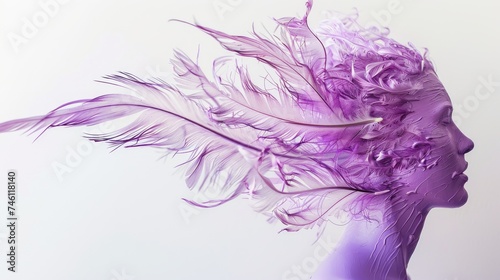 A dynamic image capturing the explosion of purple feathers from a head, conveying creativity and freedom of thought