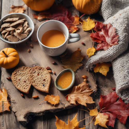 Closeup photo of a nutritious breakfast spread across a rustic wooden board. Scattered autumn leaves and a cozy hand-knit scarf suggest a crisp fall morning.