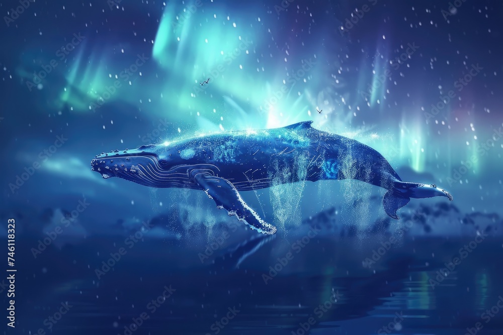 A majestic humpback whale superimposed with the ethereal glow of the Northern Lights in a double exposure - obrazy, fototapety, plakaty 