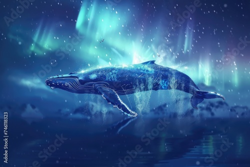 A majestic humpback whale superimposed with the ethereal glow of the Northern Lights in a double exposure