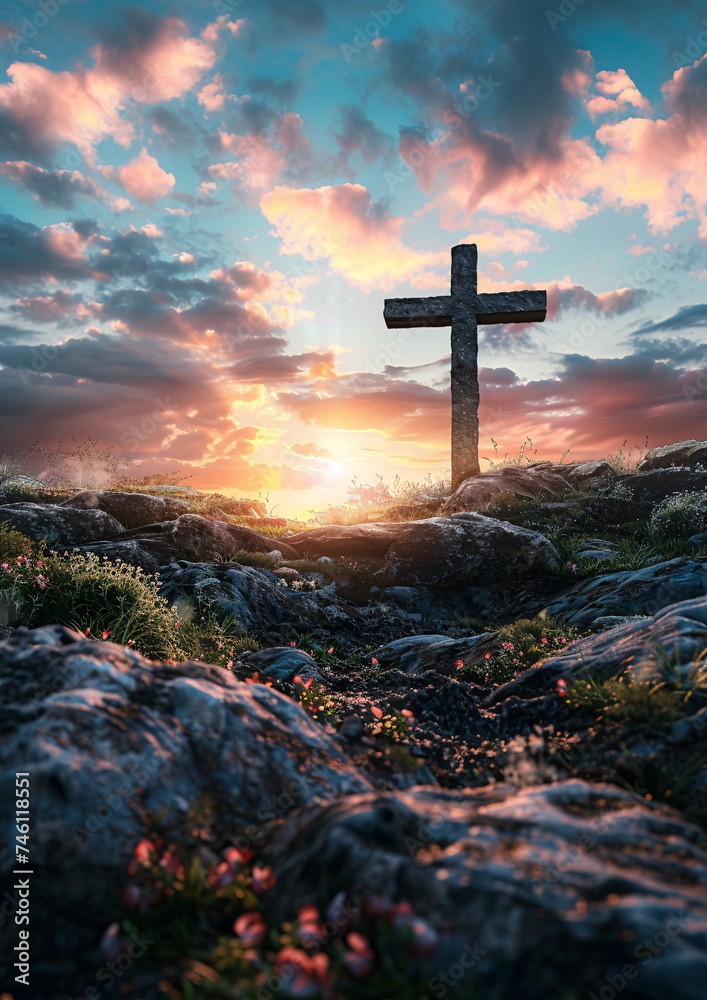 A cross stands atop a rocky hill at sunset, against a cloudy sky