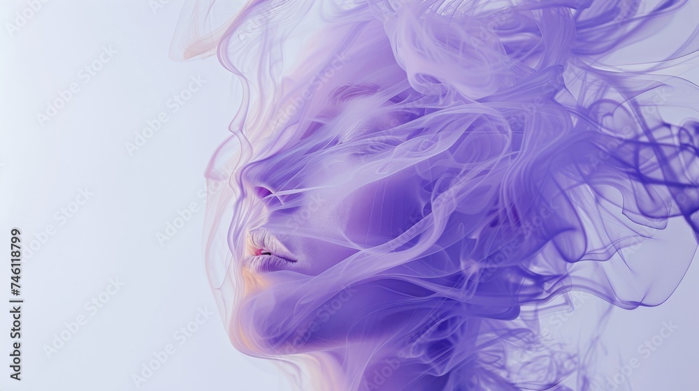 Ethereal image showing a woman's face surrounded by flowing purple smoke on a soft background