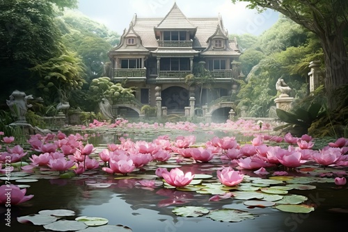Majestic Pond flower mansion. Natural park. Generate Ai