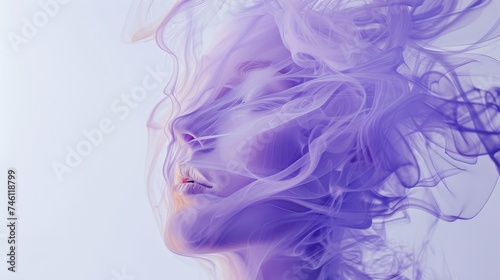 Ethereal image showing a woman's face surrounded by flowing purple smoke on a soft background