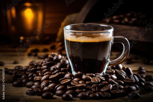 Black coffee in glass cup with coffee beans on wooden table