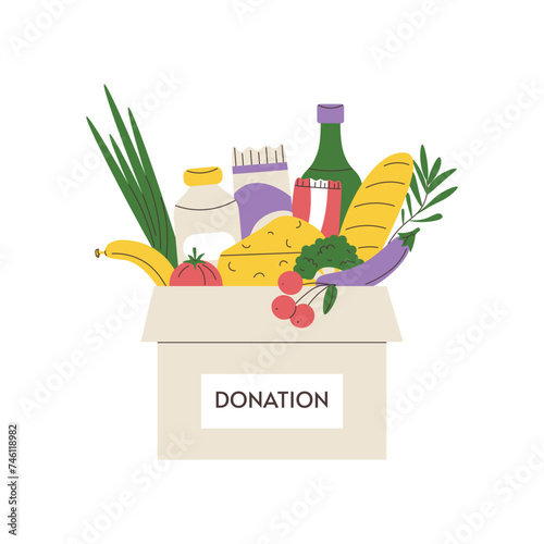 Donation box full different foods. Concept charity and social assistance. Food donation for needy people. Volunteer humanitarian assistance. Flat vector illustration on white isolated background.