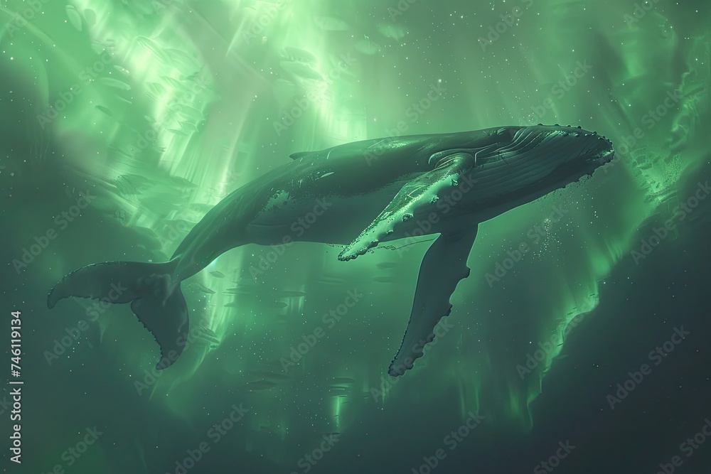Fototapeta premium A majestic humpback whale superimposed with the ethereal glow of the Northern Lights in a double exposure