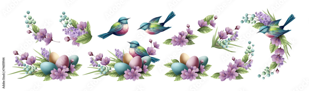 Happy Easter Greeting Card Element Set. Wreath, nest, birds and Easter Eggs. Realistic Vintage Botanical Illustration. Holiday Greeting Design for Postcard
