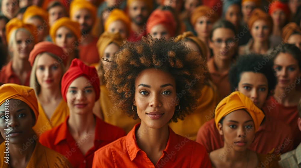 African American woman standing in front of crowd in orange attire, capturing attention and commanding presence
