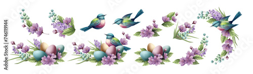 Happy Easter Greeting Card Element Set. Wreath, nest, birds and Easter Eggs. Realistic Vintage Botanical Illustration. Holiday Greeting Design for Postcard © vik_y