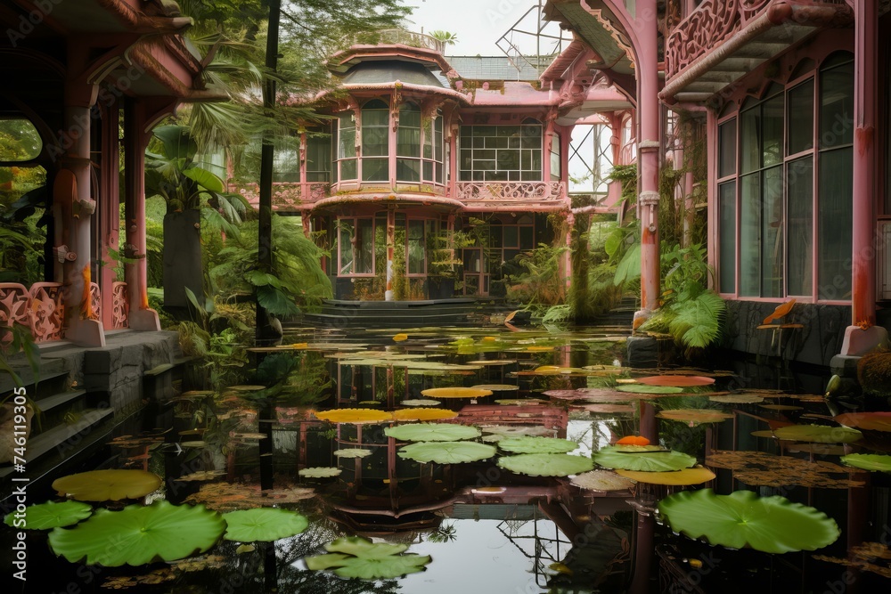 Pond flower mansion plant. Pool travel. Generate Ai