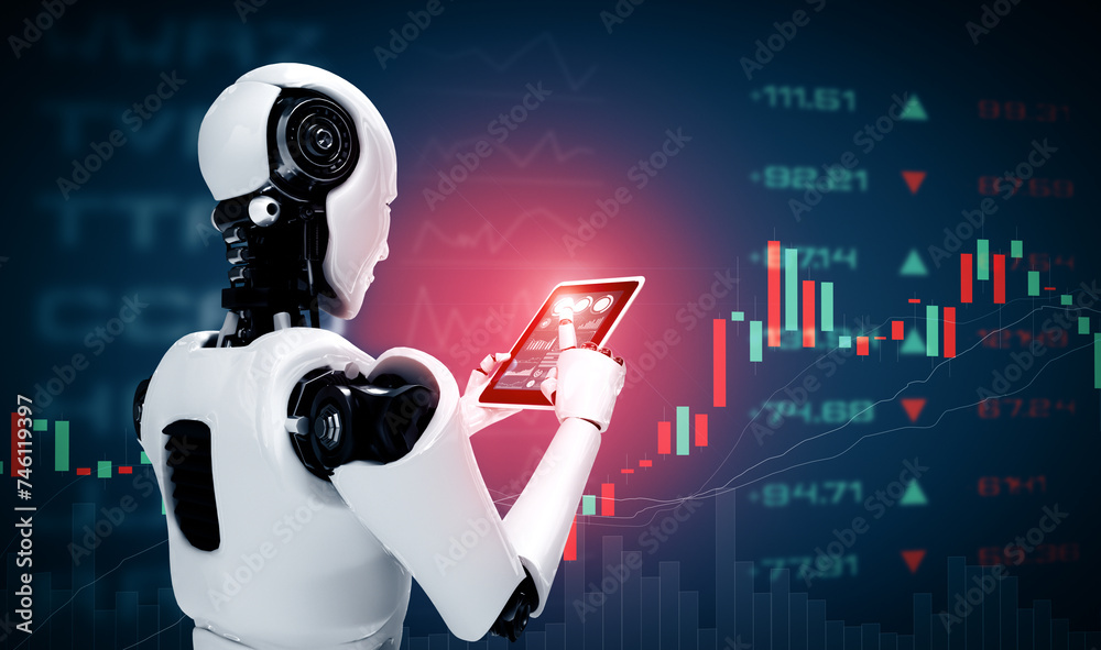 XAI 3d illustration Robot humanoid using tablet computer in concept of stock market trading by AI thinking brain , artificial intelligence and machine learning process. 3D illustration.