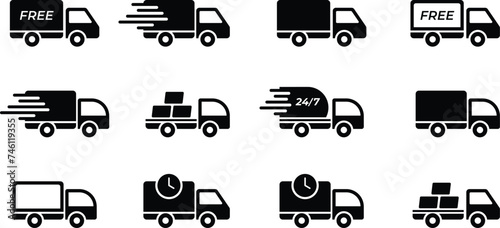 Fast shipping delivery truck with packages icon set