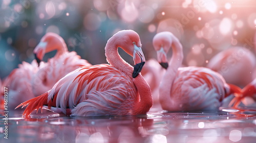a group of flamingos are sitting in the water © atdigit